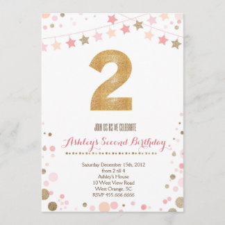 Gold Glitter Second Birthday Invitation Kaart