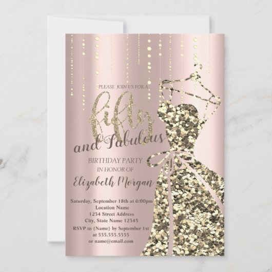 Gold Glitter Sequins Dress50th Birthday Party Invi Kaart (Voorkant)