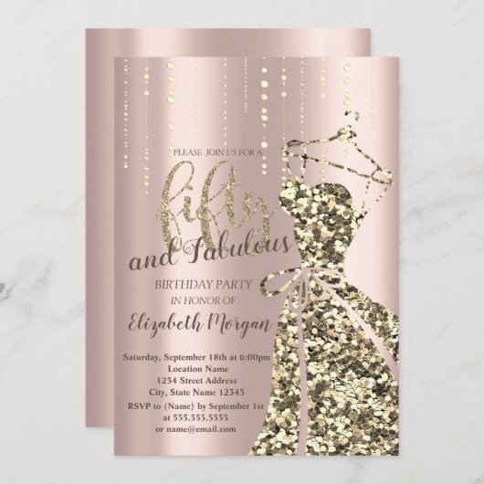 Gold Glitter Sequins Dress50th Birthday Party Invi Kaart (Voorkant / Achterkant)