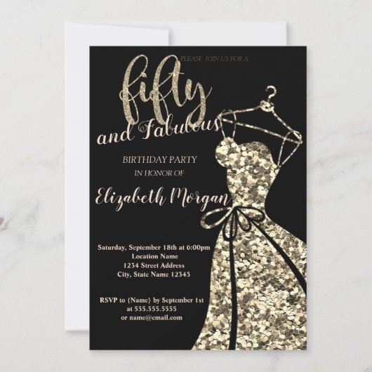 Gold Glitter SequinsDress,Black50th Birthday Party Kaart (Voorkant)