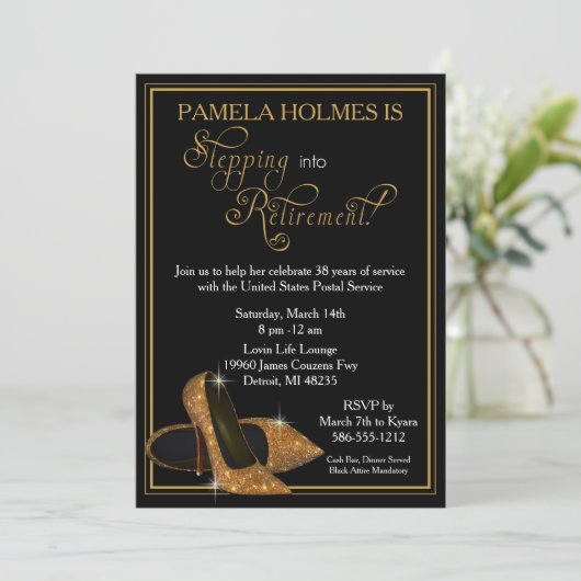 Gold Glitter Shoes Pensioneringspartij Kaart (Staand voorkant)