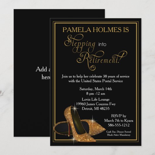 Gold Glitter Shoes Pensioneringspartij Kaart (Voorkant / Achterkant)