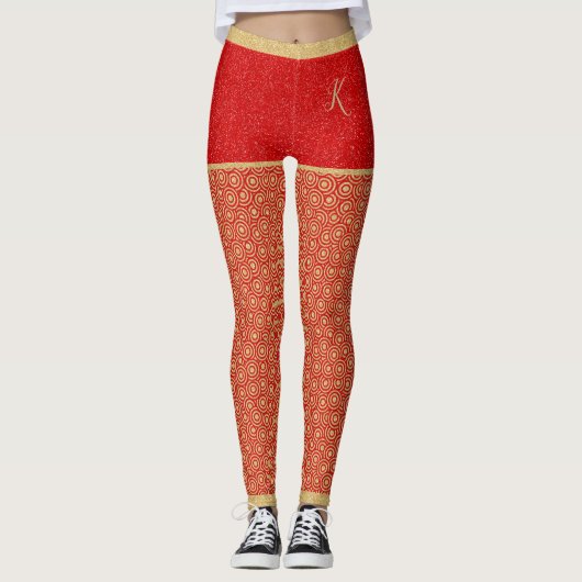Gold Glitter Shorts, Gold & Red Pattern, Monogram Leggings (Voorkant)