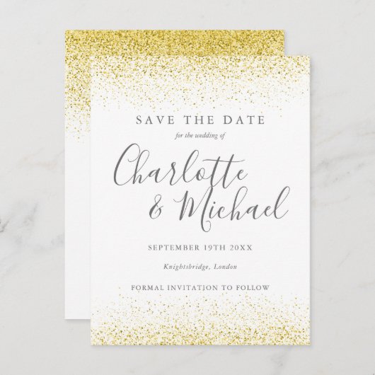 Gold Glitter Signature Wedding Save the Date Kaart (Voorkant / Achterkant)