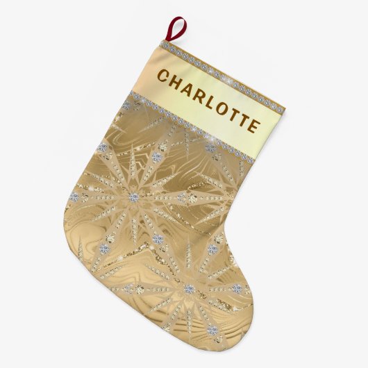 Gold Glitter Snowflake & Diamond Custom Name Grote Kerstsok (Voorkant (Hangend))