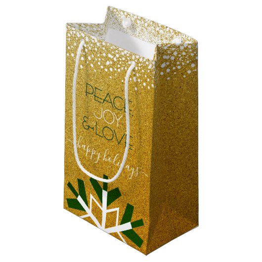 Gold Glitter Snowflake Peace Joy Love Typografie Klein Cadeauzakje (Voorkant Gekanteld)