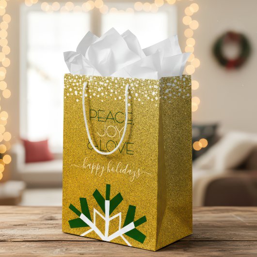 Gold Glitter Snowflake Peace Joy Love Typografie Medium Cadeauzakje
