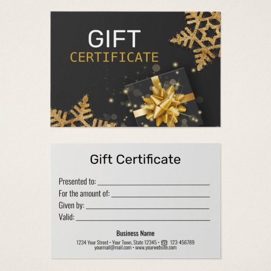 Gold Glitter Snowflakes Cadebox Black Cadeaukaart Visitekaartje (Voorkant /achterkant)