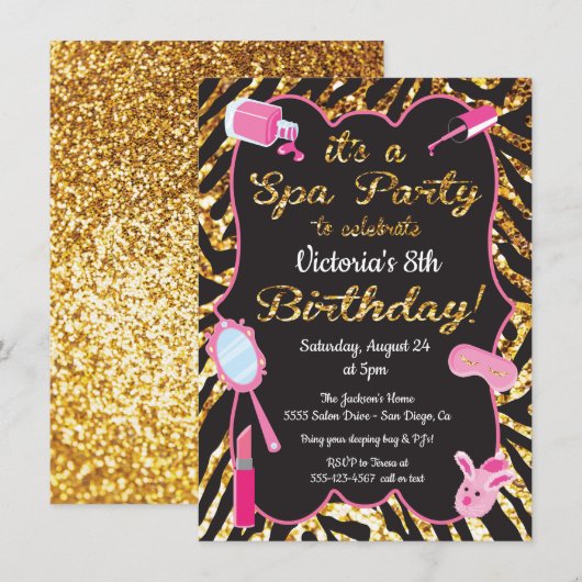 Gold glitter Spa Birthday party Kaart (Voorkant / Achterkant)