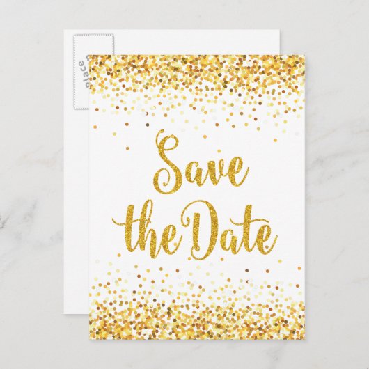 Gold Glitter sparen de Datum Moderne Ontwerp van d Aankondigingskaart (Voorkant / Achterkant)