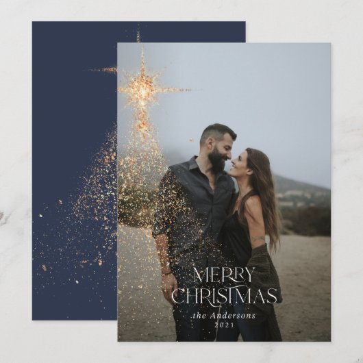 Gold glitter spargel-blauw-kerstfeest feestdagenkaart (Voorkant / Achterkant)