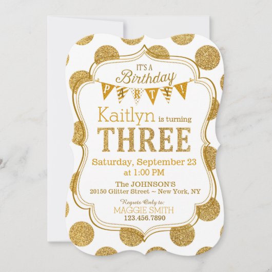 Gold Glitter Sparkle - Derde verjaardag Uitnodigin Kaart (Voorkant)