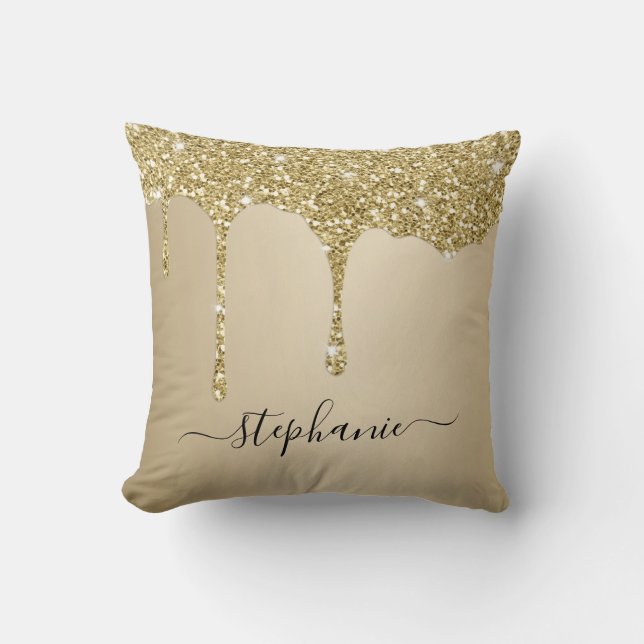 Gold Glitter Sparkle Drips Script Aangepaste naam Kussen (Voorkant)