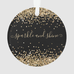Gold Glitter Sparkle en Shine Happy Holiday Black Ornament
