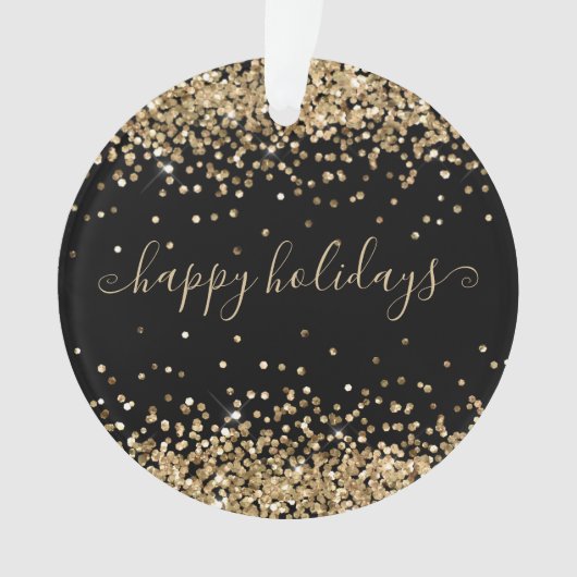 Gold Glitter Sparkle en Shine Happy Holiday Black Ornament (voorkant)