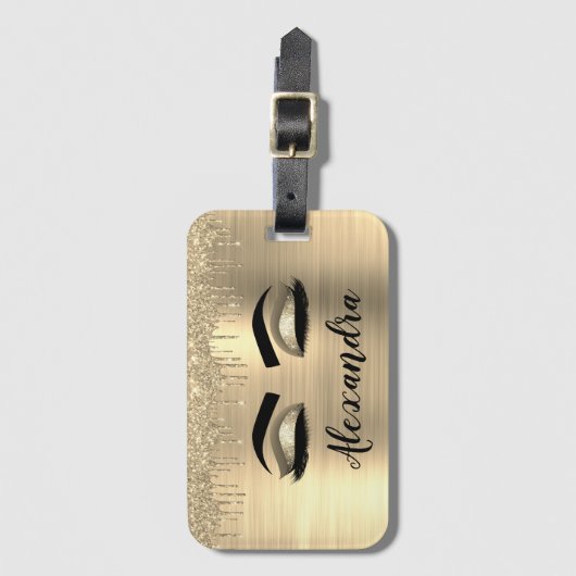 Gold Glitter Sparkle Eyelashes Monogram Naam Bagagelabel (Voorkant (verticaal))