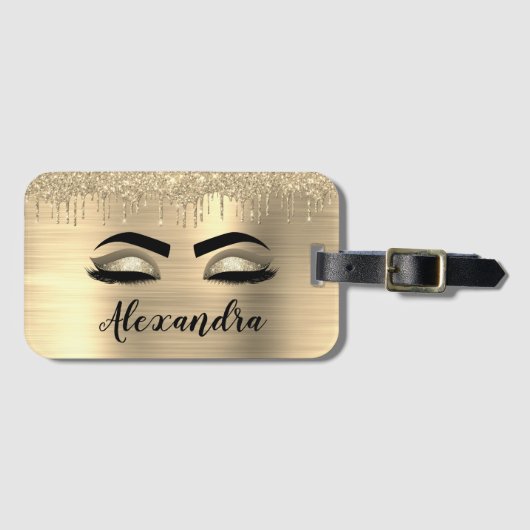 Gold Glitter Sparkle Eyelashes Monogram Naam Bagagelabel (Voorkant (horizontaal))