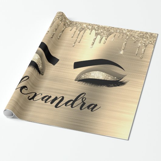Gold Glitter Sparkle Eyelashes Monogram Naam Cadeaupapier (Uitgerold)