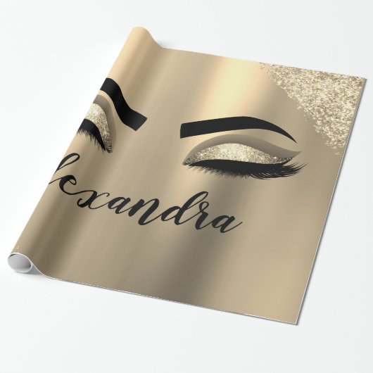 Gold Glitter Sparkle Eyelashes Monogram Naam Cadeaupapier (Uitgerold)