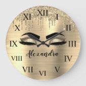 Gold Glitter Sparkle Eyelashes Monogram Naam Grote Klok (Voorkant)