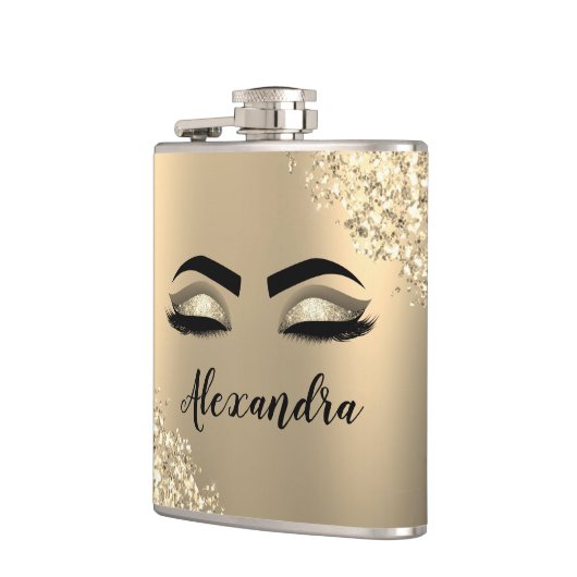 Gold Glitter Sparkle Eyelashes Monogram Naam Heupfles (Links)