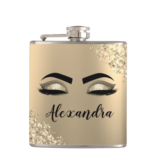 Gold Glitter Sparkle Eyelashes Monogram Naam Heupfles (Voorkant)