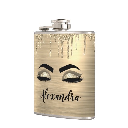 Gold Glitter Sparkle Eyelashes Monogram Naam Heupfles (Links)