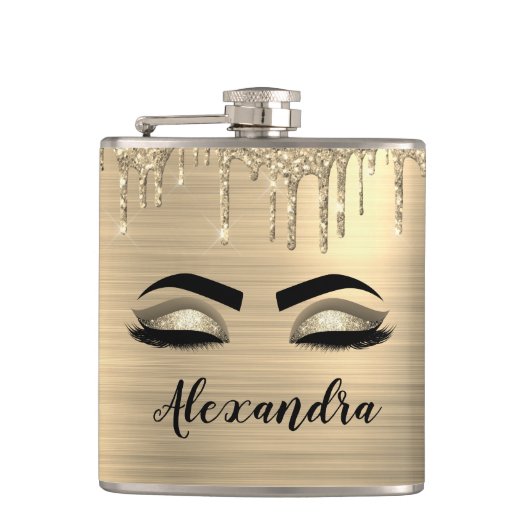 Gold Glitter Sparkle Eyelashes Monogram Naam Heupfles (Voorkant)