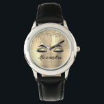 Gold Glitter Sparkle Eyelashes Monogram Naam Horloge<br><div class="desc">Goud Faux Folie Metallic Sparkle Glitter Borhed Metal Monogram Name and Initiaal Eyelashes (Lashes),  Eyelash Extensions and Eyes Makeup Watch. Dit maakt het perfecte mooie cadeau van 16 jaar,  bruiloft,  vrijgezellenfeest,  verjaardagsdag,  baby shower of vrijgezellenfeest voor iemand die haar kamer in een trendy coole stijl versiert.</div>