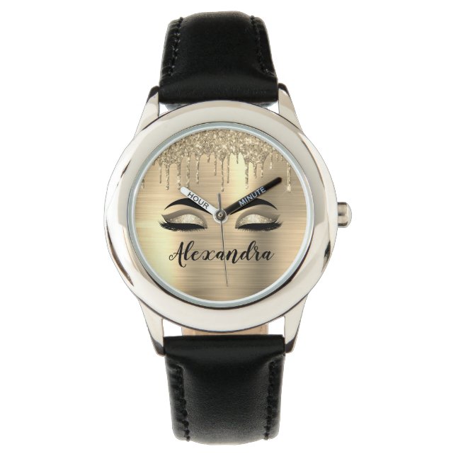 Gold Glitter Sparkle Eyelashes Monogram Naam Horloge (Voorkant)