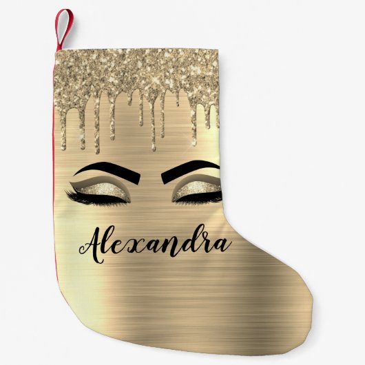 Gold Glitter Sparkle Eyelashes Monogram Naam Kleine Kerstsok (Voorkant)