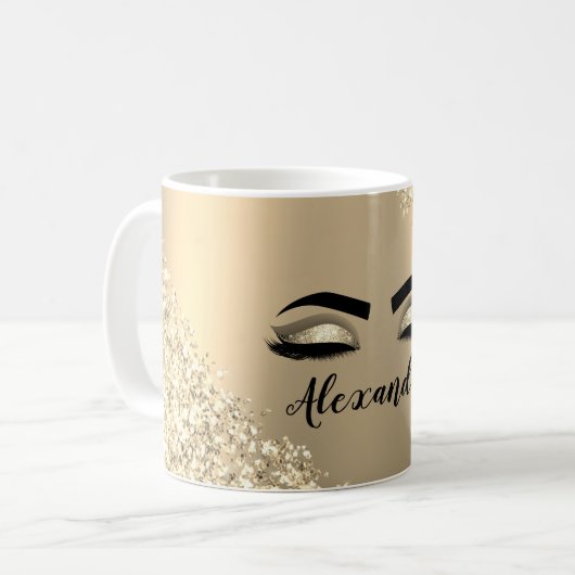 Gold Glitter Sparkle Eyelashes Monogram Naam Koffiemok (Voorkant links)