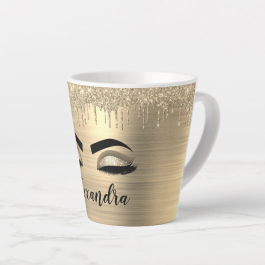 Gold Glitter Sparkle Eyelashes Monogram Naam Latte Mok (Rechterhoek)
