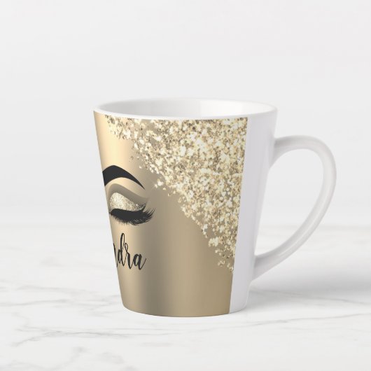 Gold Glitter Sparkle Eyelashes Monogram Naam Latte Mok (Rechts)