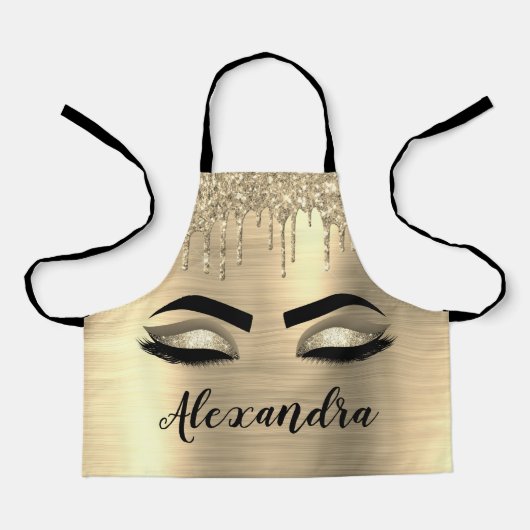 Gold Glitter Sparkle Eyelashes Monogram Naam Schort (Voorkant)