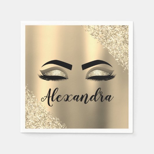 Gold Glitter Sparkle Eyelashes Monogram Naam Servet (Voorkant)