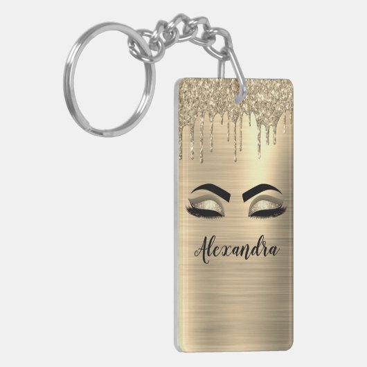 Gold Glitter Sparkle Eyelashes Monogram Naam Sleutelhanger (Voorkant Links)