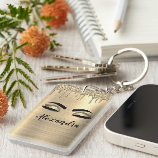 Gold Glitter Sparkle Eyelashes Monogram Naam Sleutelhanger (Voorkant Rechts)