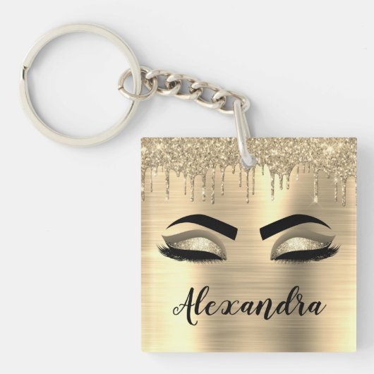 Gold Glitter Sparkle Eyelashes Monogram Naam Sleutelhanger (voorkant)