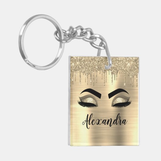 Gold Glitter Sparkle Eyelashes Monogram Naam Sleutelhanger (Voorkant Links)