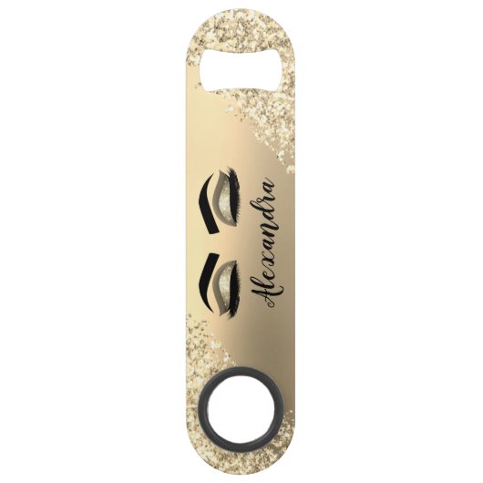 Gold Glitter Sparkle Eyelashes Monogram Naam Speed Flessenopener (Voorkant)