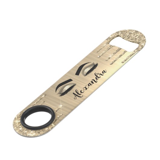 Gold Glitter Sparkle Eyelashes Monogram Naam Speed Flessenopener (Voorkant Gekanteld)