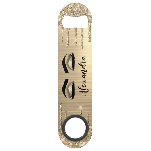 Gold Glitter Sparkle Eyelashes Monogram Naam Speed Flessenopener (Voorkant)