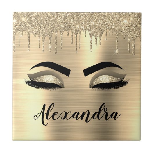 Gold Glitter Sparkle Eyelashes Monogram Naam Tegeltje (Voorkant)