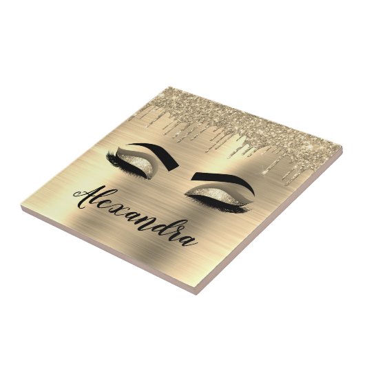 Gold Glitter Sparkle Eyelashes Monogram Naam Tegeltje (Zijkant)