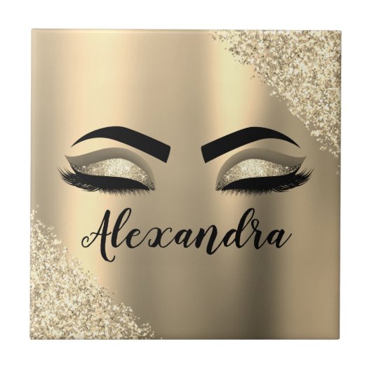 Gold Glitter Sparkle Eyelashes Monogram Naam Tegeltje (Voorkant)
