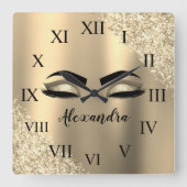 Gold Glitter Sparkle Eyelashes Monogram Naam Vierkante Klok (Voorkant)