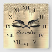 Gold Glitter Sparkle Eyelashes Monogram Naam Vierkante Klok (Voorkant)