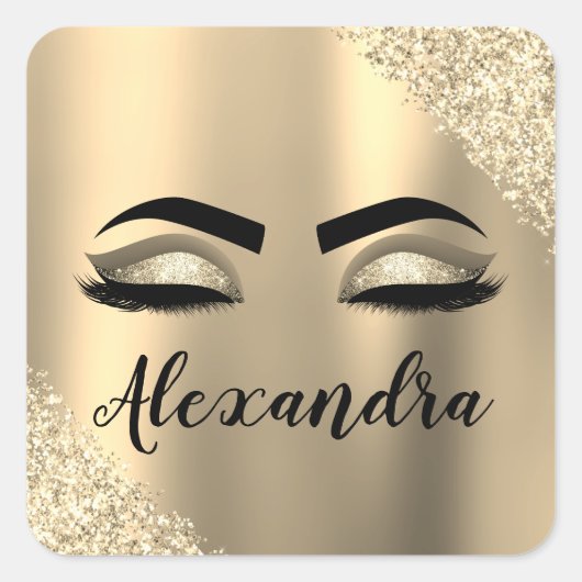 Gold Glitter Sparkle Eyelashes Monogram Naam Vierkante Sticker (Voorkant)