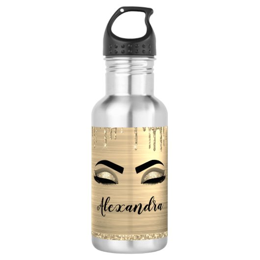 Gold Glitter Sparkle Eyelashes Monogram Naam Waterfles (Voorkant)